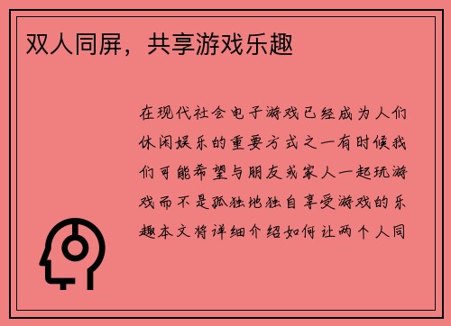 双人同屏，共享游戏乐趣